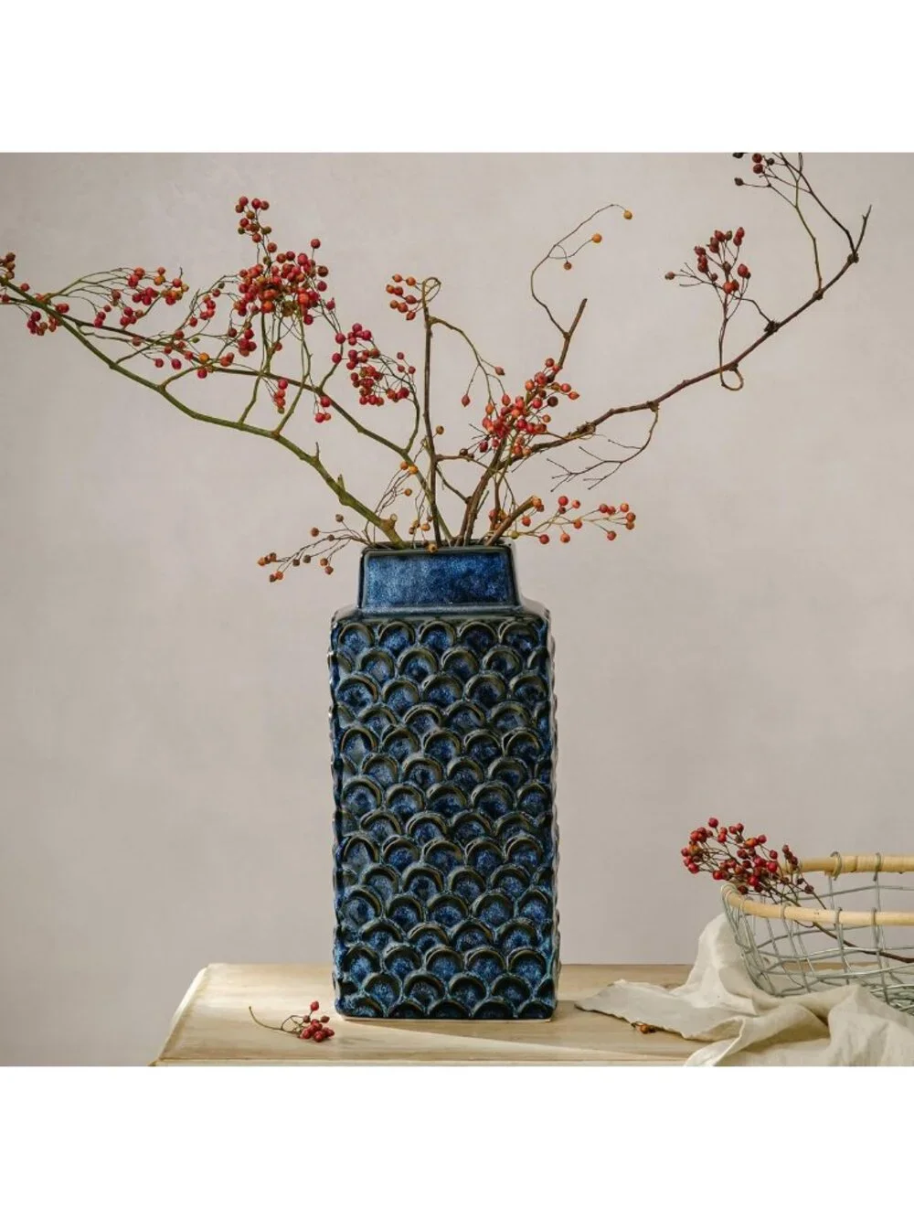 Vintage Blue Ceramic Flower Vase - 12.6